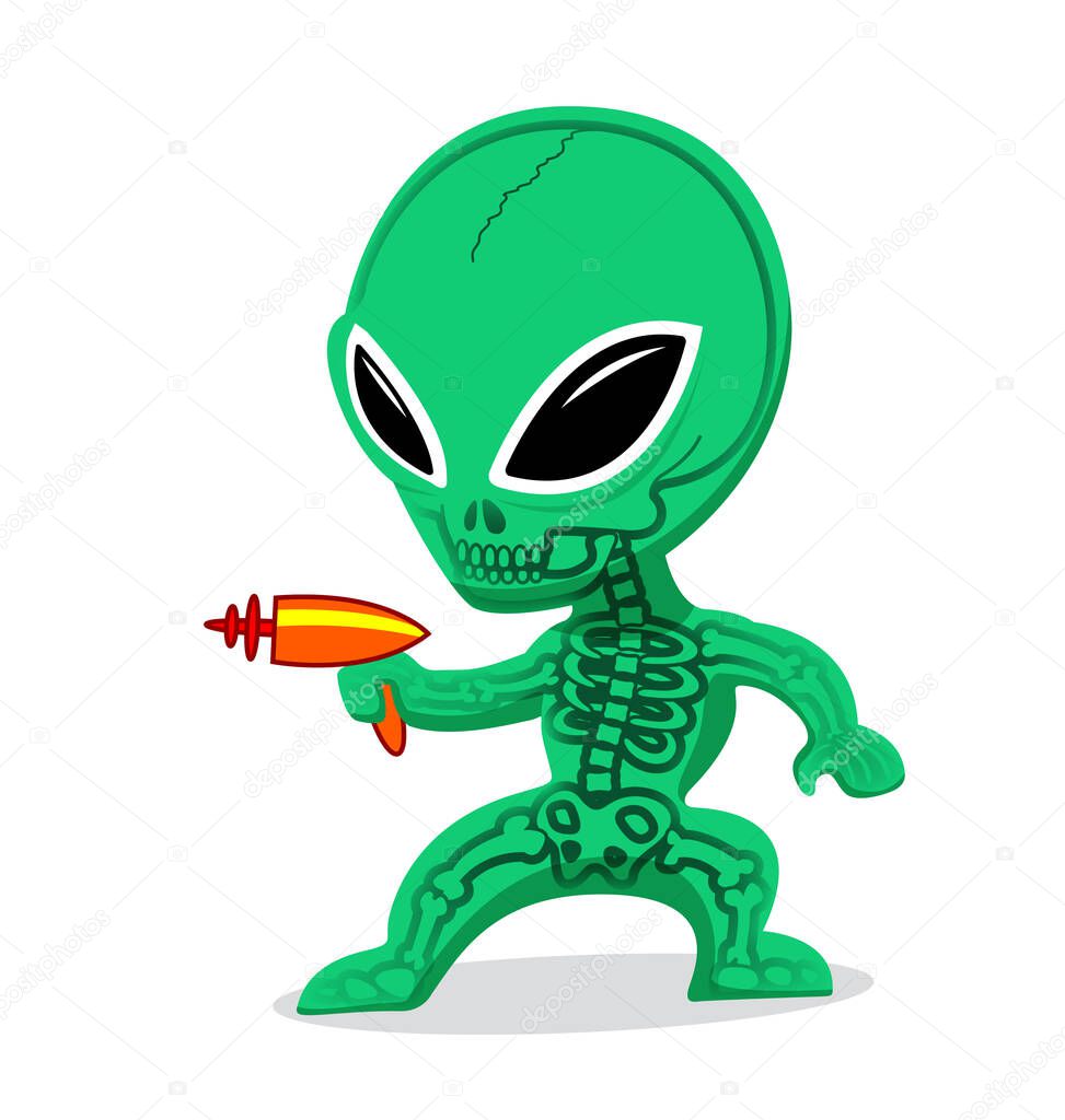 little green alien with ray gun