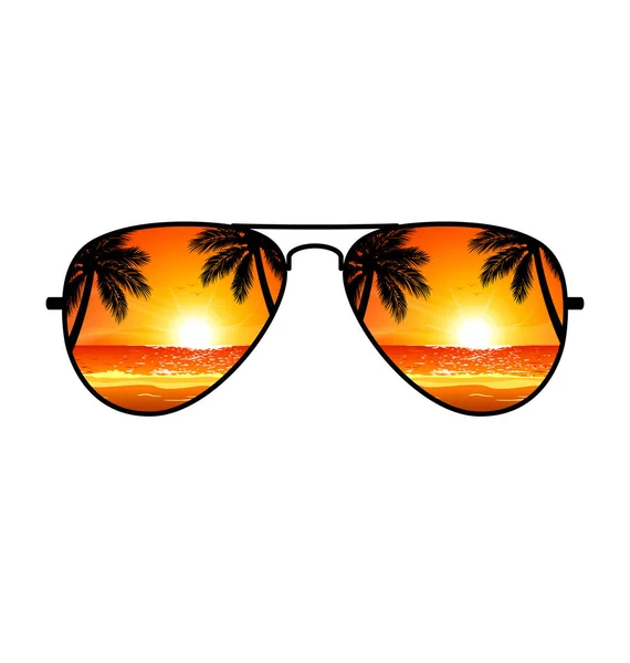 Kühle Flieger Sonnenbrille Sonnenuntergang Strand Gespiegelt — Stockvektor