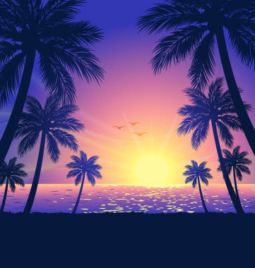 Sıcak tropikal plaj mor turuncu günbatımı arka planda palmiye ağaçları ön planda vektör
