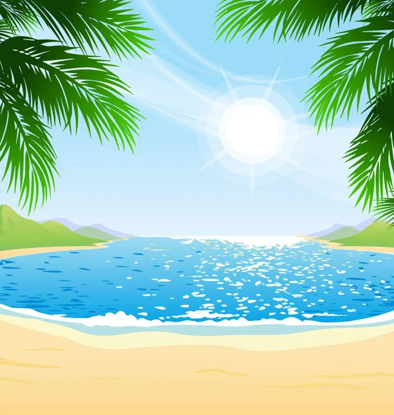 Beautiful Sunny Day Beach Bay Cove Blue Water Sand Palm — Stock Vector