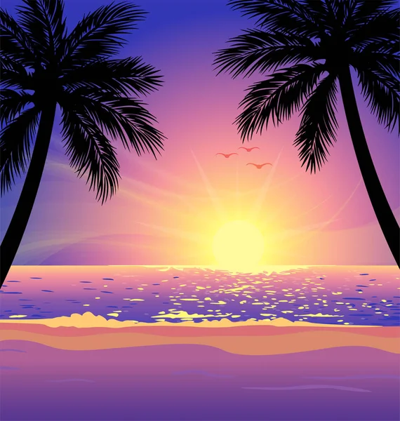 Plage Tropicale Chaude Coucher Soleil Avec Des Palmiers — Image vectorielle