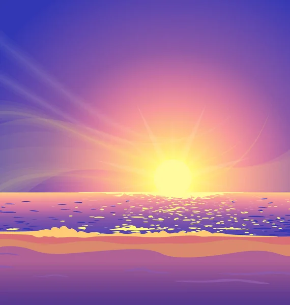 Beautiful Warm Tropical Beach Paradise Purple Pink Orange Sunset Background — Stock Vector