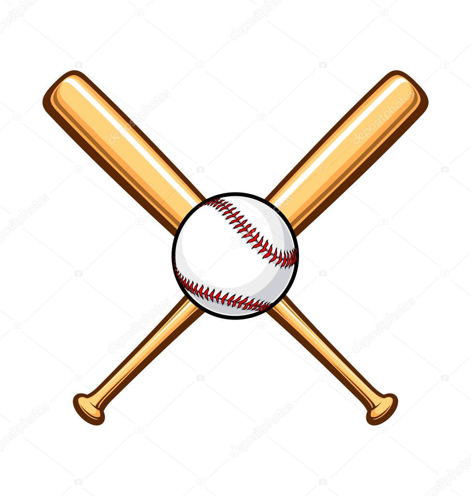 Classic wooden baseball bats crossed with ball