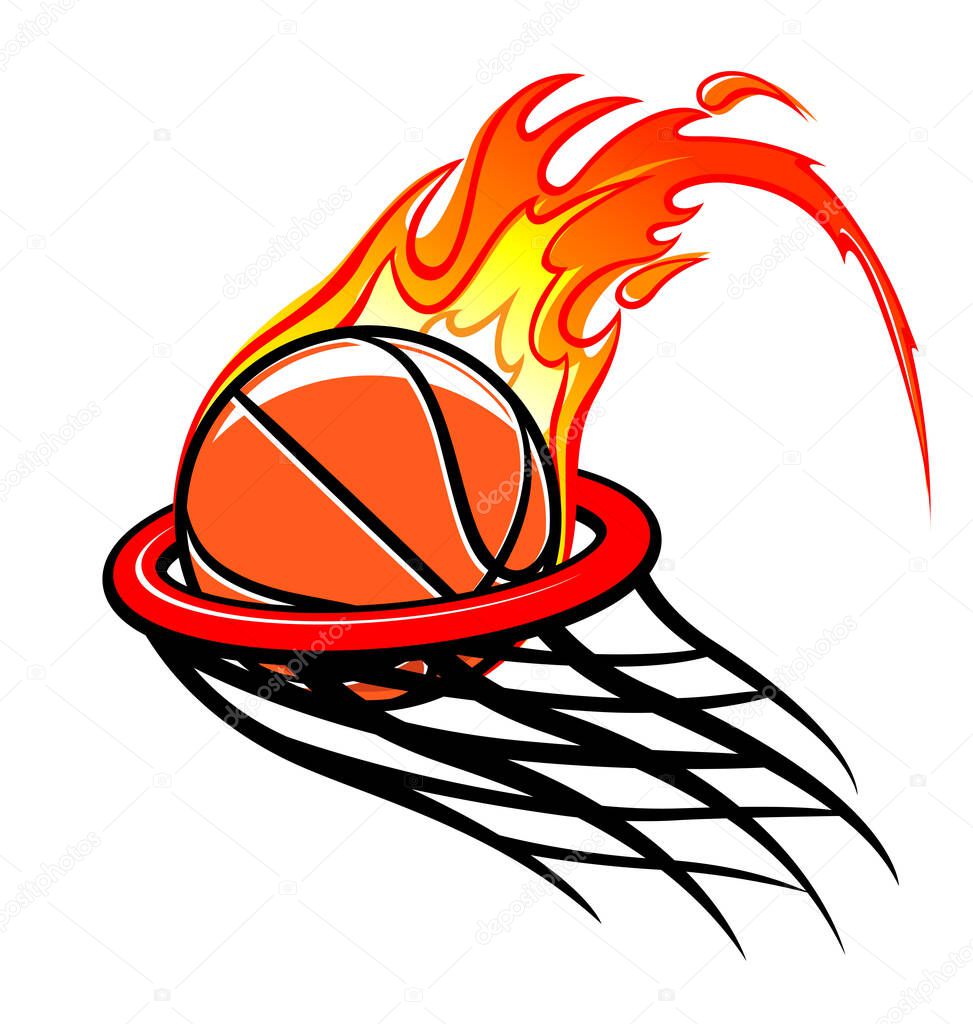 Flaming basketball through hoop logo