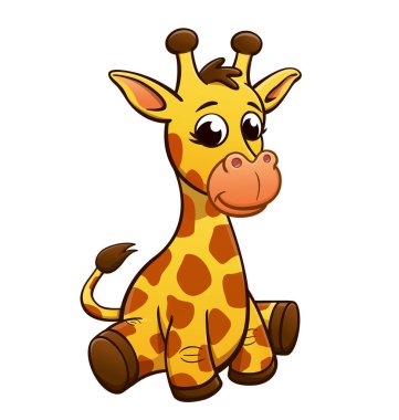 Tatlı çizgi film genç bebek zürafa oturuyor.