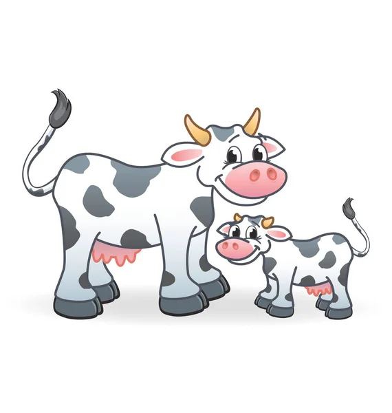 Lächelnd Glückliche Comicfiguren Aus Kuh Und Kalb — Stockvektor