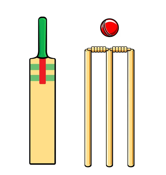 Conjunto Críquete Bastão Tocos Fianças Bola — Vetor de Stock