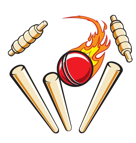 Cricket Wicket Stumps Flaming Ball Out — Stock Vector