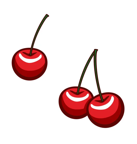 Cerezas Rojas Dibujos Animados Individuales Dobles — Vector de stock