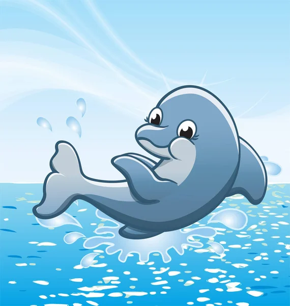 Happy Cute Smiling Cartoon Dolphin Splashing Water — Stock Vector