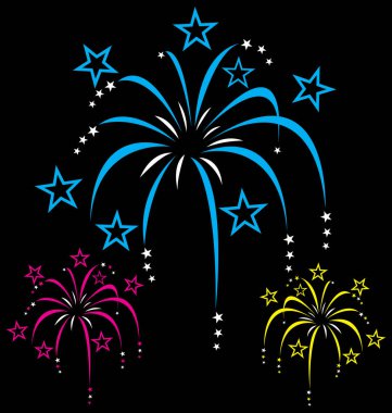 Siyah arka planda renkli, stilize havai fişekler