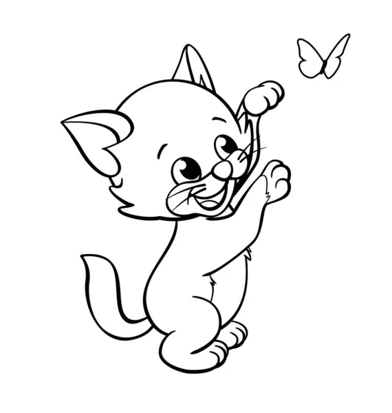 かわいい子猫遊びと蝶でぬり絵 — ストックベクタ