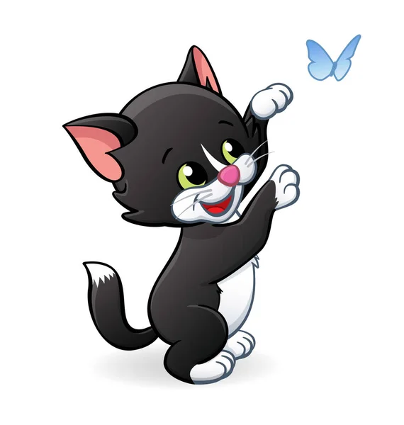 蝶と遊ぶ可愛い黒猫 — ストックベクタ