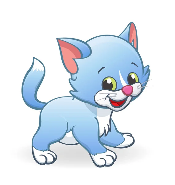 Słodkie Uśmiech Niebieski Kreskówka Kotek Kot Postać Stojący — Wektor stockowy