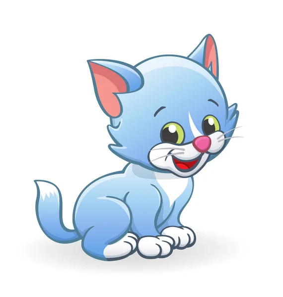 Słodkie Uśmiech Niebieski Kreskówka Kotek Kot Postać Siedzi — Wektor stockowy