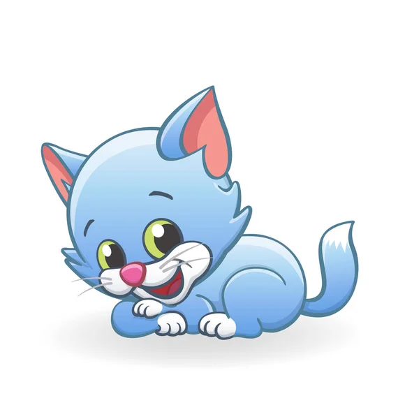 Cute Smiling Blue Cartoon Kitten Cat Character Lying — Stock Vector