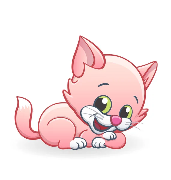 かわいい笑顔のピンクの漫画子猫猫嘘 — ストックベクタ