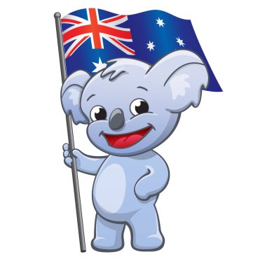 Avustralya bayrağı taşıyan sevimli, mutlu koala.