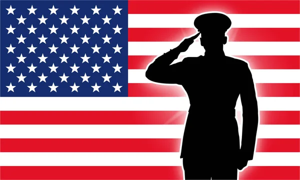 Silhouette Saluto Militare Polizia Con Bandiera Usa — Vettoriale Stock