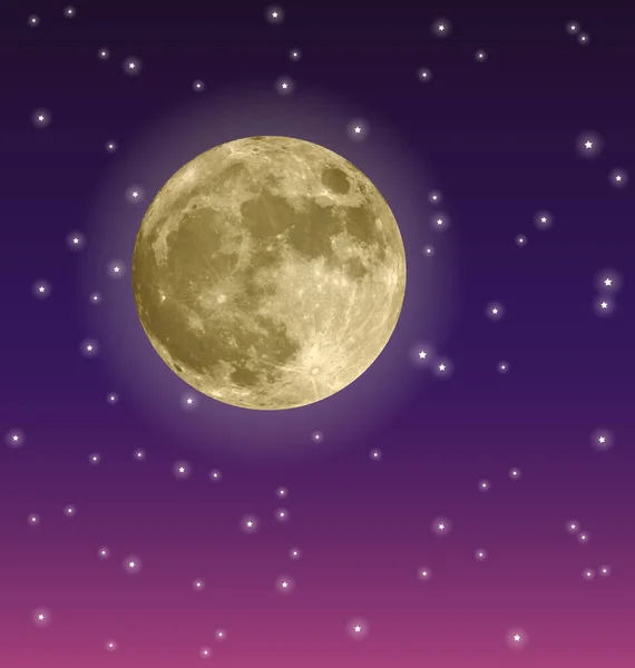 Luna Llena Cielo Nocturno Púrpura Con Estrellas — Vector de stock