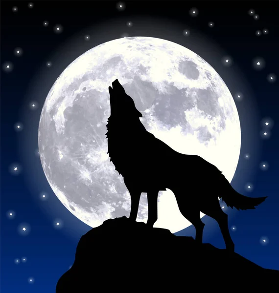 Howling Wolf Silhouette Full Moon — Stock Vector