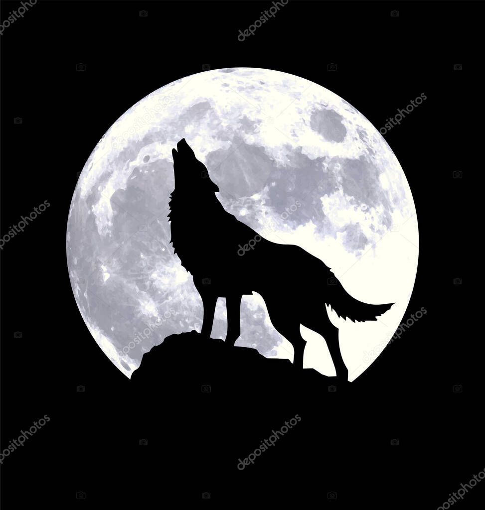 howling wolf silhouette by full moon