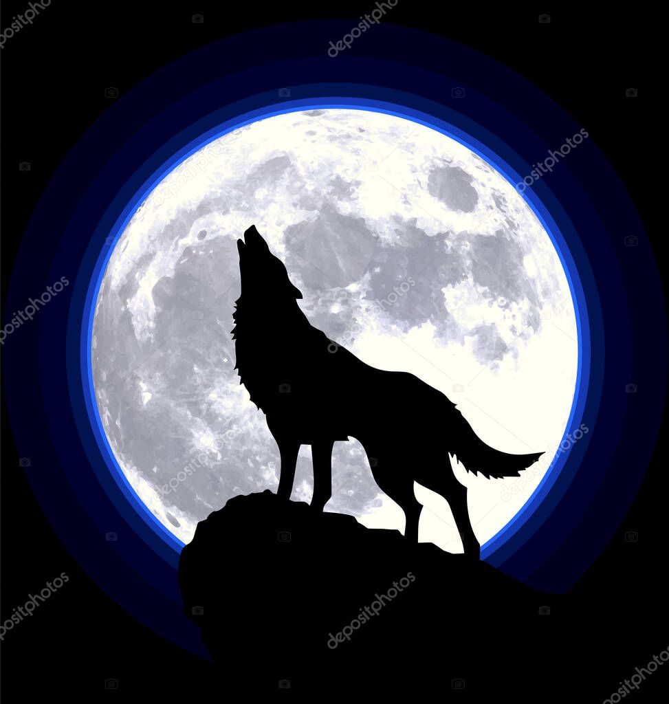 howling wolf silhouette by full moon