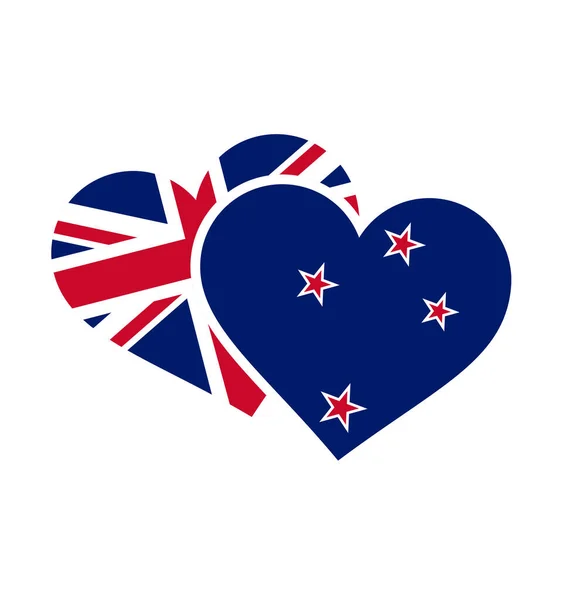 Nuova Bandiera Zealand Kiwi Forma Cuore Gemello — Vettoriale Stock