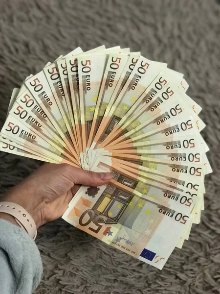 Woman Holds Euro Banknotes Her Hand — Stock Photo, Image