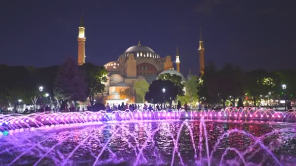 Ночной снимок мечети Хагия София и красочно зажженный фонтан — стоковое видео
