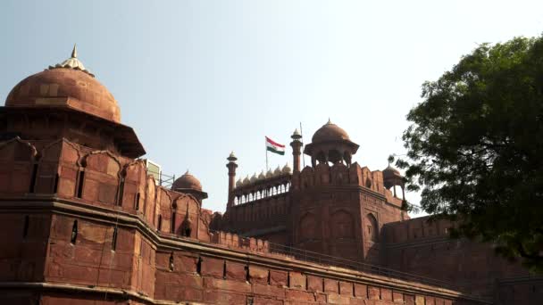 Hindistan 'daki eski Delhi' de kırmızı kale kuleleri ve bayrak — Stok video