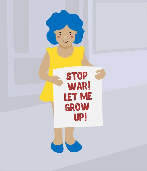 Stop War Banner Text Ukraine Flag Little Girl Standing Banner — Stock Vector
