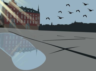 Stockholm 'deki eski bir kasabada yapılan bina tasviri 