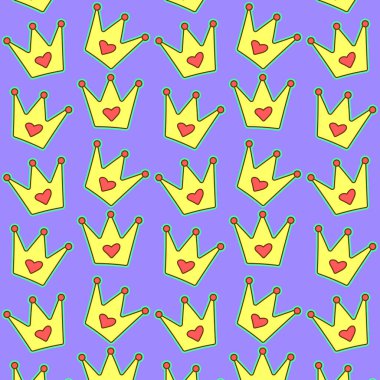 Simple pattern with doodle crowns with hearts. Creative hand drawn childish texture for fabric, wrapping, textile, wallpaper. Vector illustration