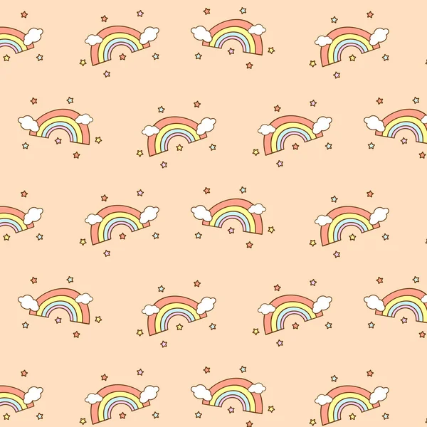 Simple pattern with doodle rainbows, clouds and stars on pink background. Creative hand drawn childish texture for fabric, wrapping, textile, wallpaper. Vector illustration