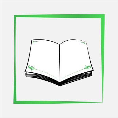 Boş, beyaz arkaplanda yeşil çerçeveli bir kitap şablonu açtı. Bakış açısı. Vektör illüstrasyonu.