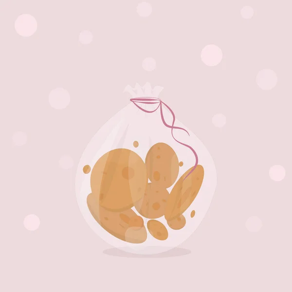 Simple vector illustration of tasty homemade cookies in transparent package with purple ribbon