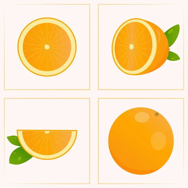 Simple set of orange fruit. Sliced, whole orange fruit with leaves, vector illustration