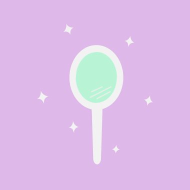 Basit beyaz el aynası, düz ikon, mor arkaplanda vektör çizimi. Güzellik, moda, tarz, bakım logosu konsepti.