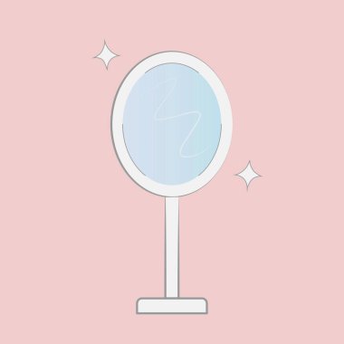 Basit beyaz ayna, düz ikon, pembe arkaplanda vektör çizimi. Güzellik, moda, tarz, bakım logosu konsepti.