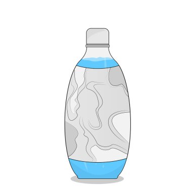 Düz dizayn, vektör illüstrasyonunda beyaz zemin üzerinde izole edilmiş temiz mavi suyu olan basit beyaz şişe.