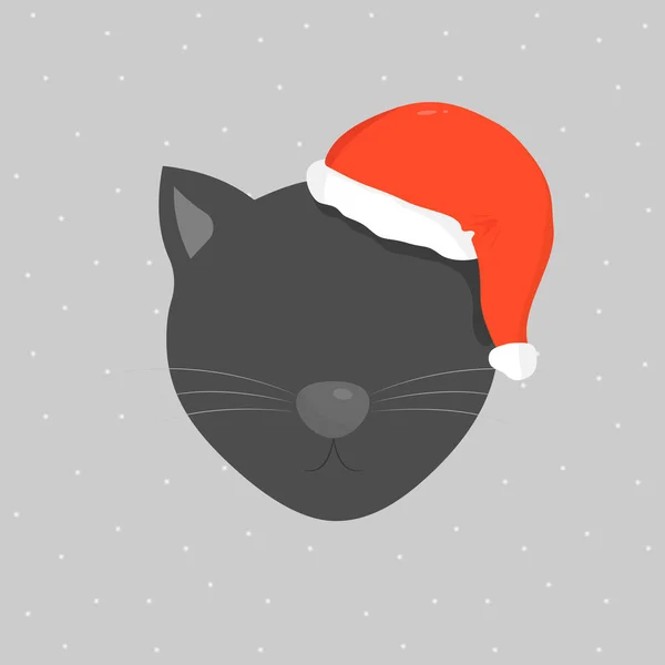 Simple Black santa cat face in red christmas hat, vector illustration isolated.