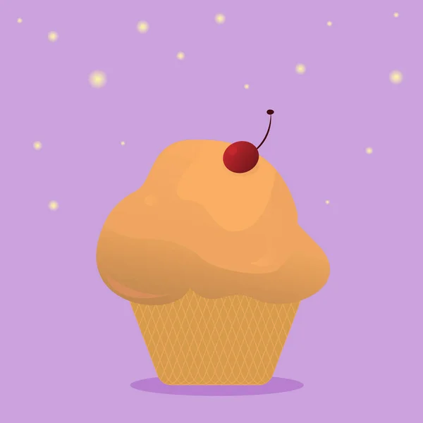 Cartoon Tasty Dessert Sweet Cupcake Vector Illustration Cherry Purple Background — стоковый вектор