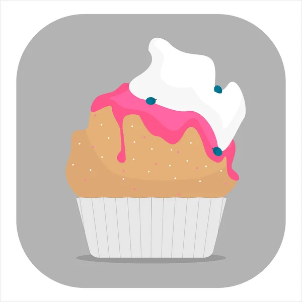 Simple flat style cupcake with whipped cream, pink jam and berries. Vector illustration