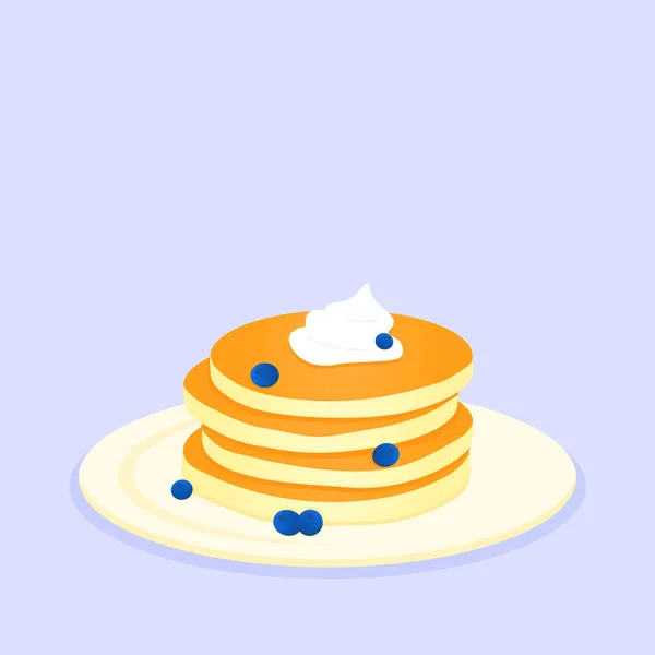 Simple pancakes on plate with cream and blueberries in flat design. Baking, breakfast concept. Vector illustration EPS10