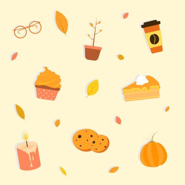 Vector repeated autumn pattern with autumn elements: foliage, pimpkin cupcake glasses coffee candle plant cookies on light background. Holidays thanksgiving halloween Flat design EPS 10