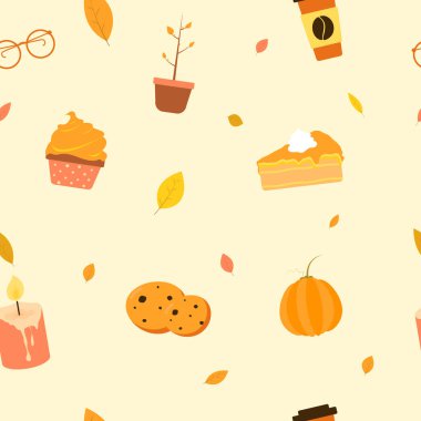 Vector seamless autumn pattern with autumn elements: foliage, pimpkin cupcake glasses coffee candle plant cookies on light background. Holidays thanksgiving halloween Flat design EPS10