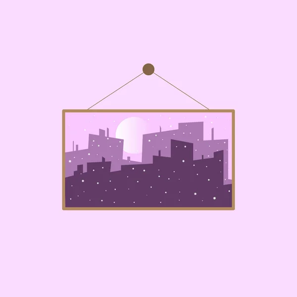 Night Snowing City Painting Picture Image Frame Wall Isolated Violet — Vector de stock