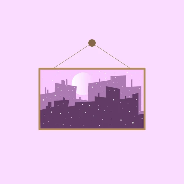 Night snowing city painting or picture in image frame on a wall isolated in violet colors. Vector illustration in flat design.