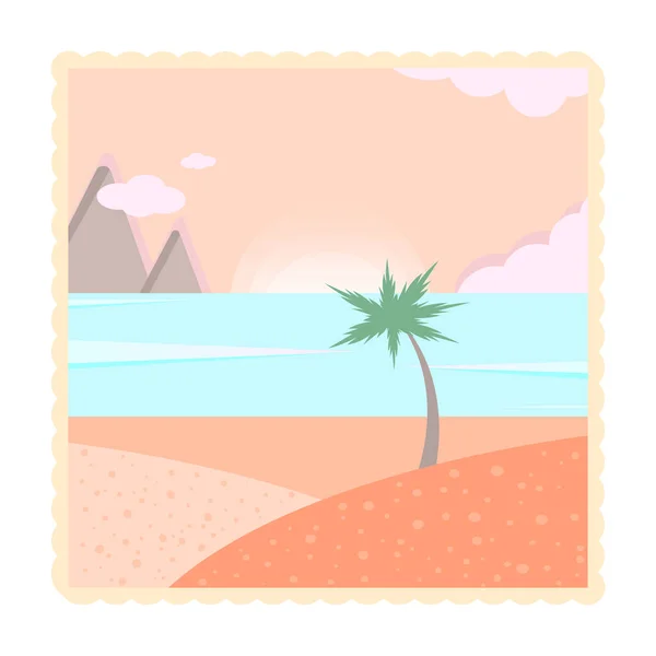 Abstract sunset seaside landscape flat vector illustration. Summer beach with mountains blue water sea palm Exotic resort holiday island paradise postcard in retro style EPS